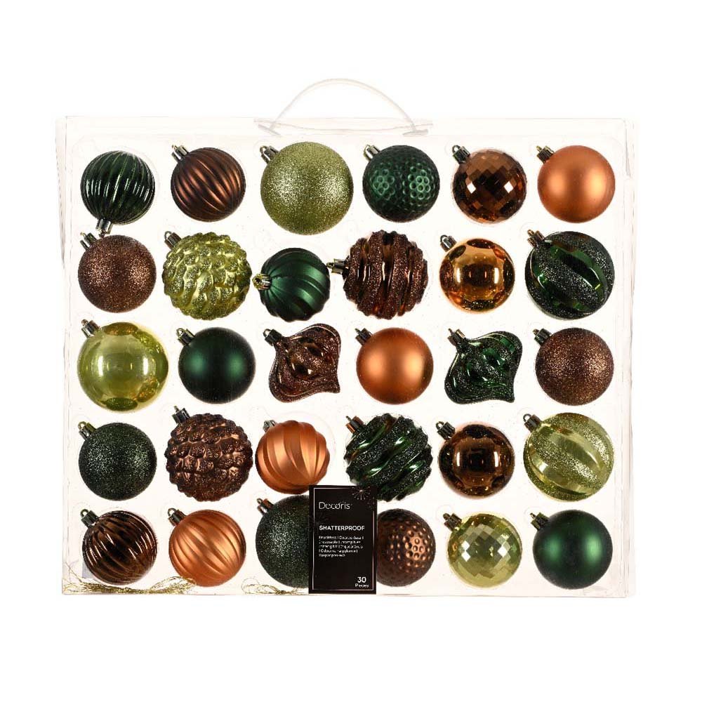 30 Mix Shatterproof Baubles 7cm Green and Copper Glitter Mix