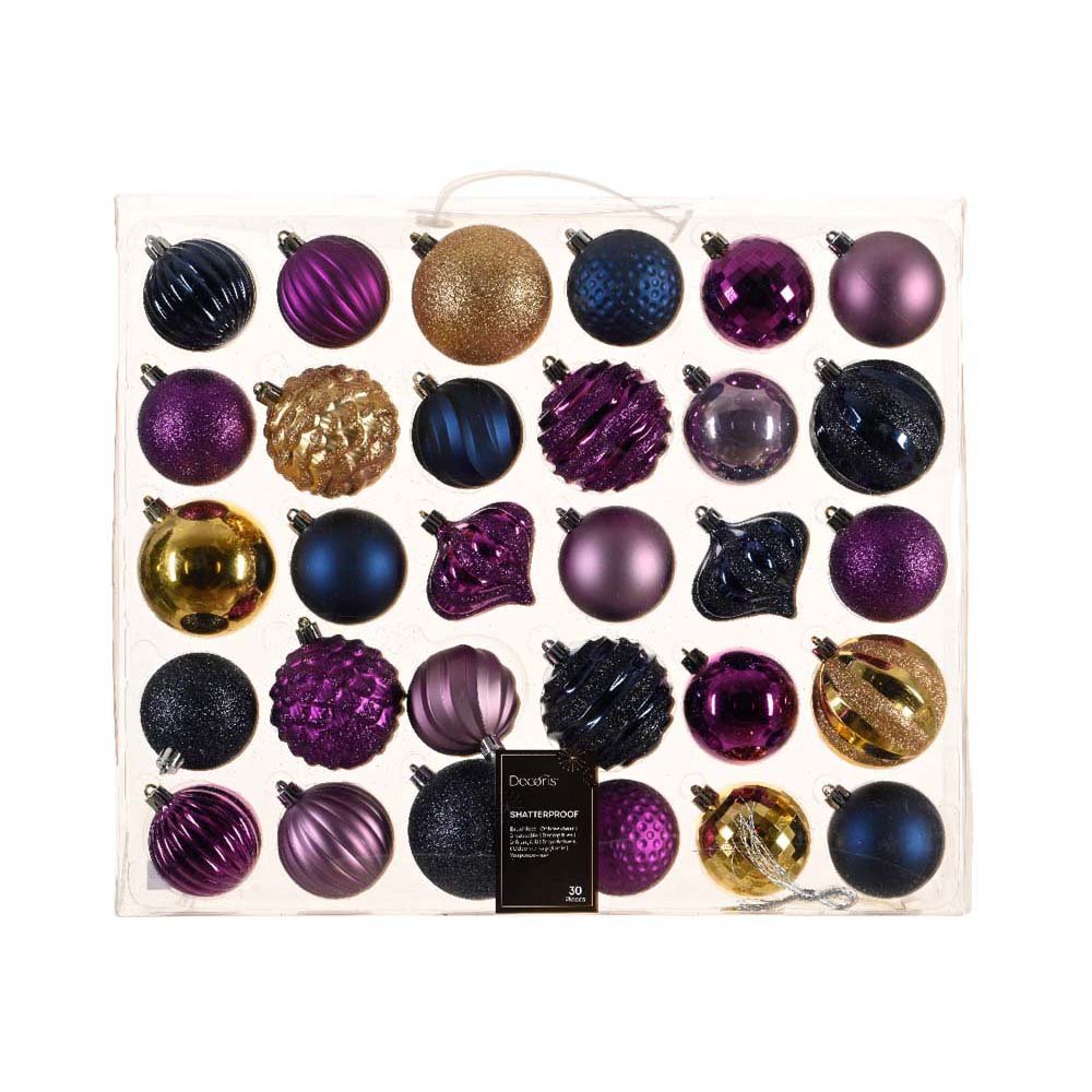 30 Mix Shatterproof Baubles 7cm Purple and Gold Glitter Mix