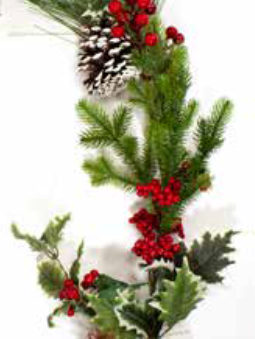 6ft / 180cm Red Berry and Holly Christmas Garland